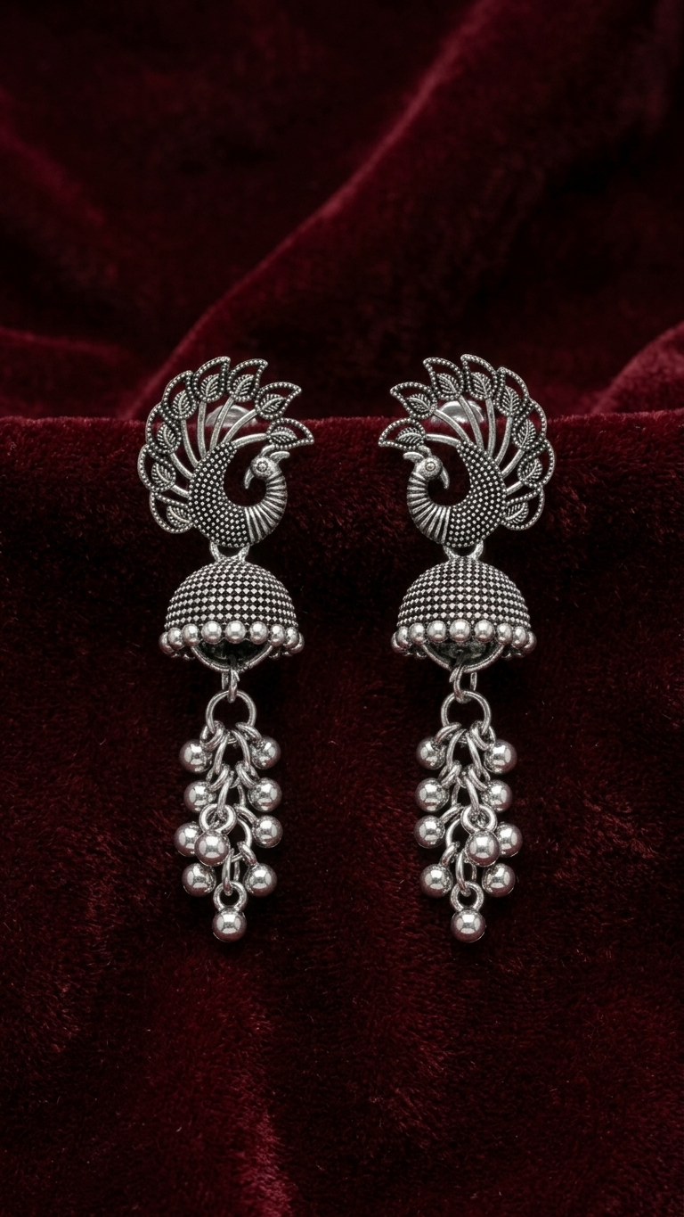 Virasat Peacock Motif Oxidized Jhumka Earrings