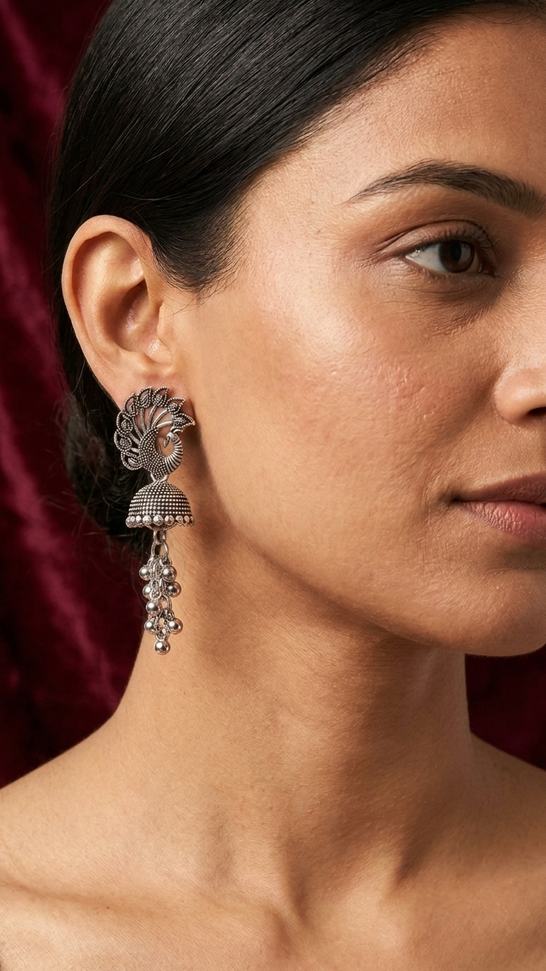 Virasat Peacock Motif Oxidized Jhumka Earrings