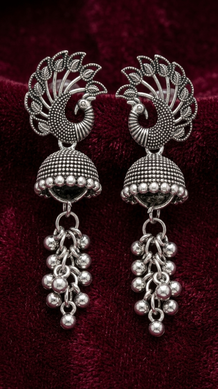 Virasat Peacock Motif Oxidized Jhumka Earrings