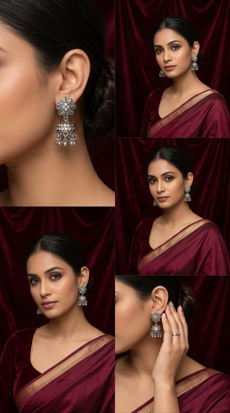 Virasat Floral Oxidized Jhumka Earrings