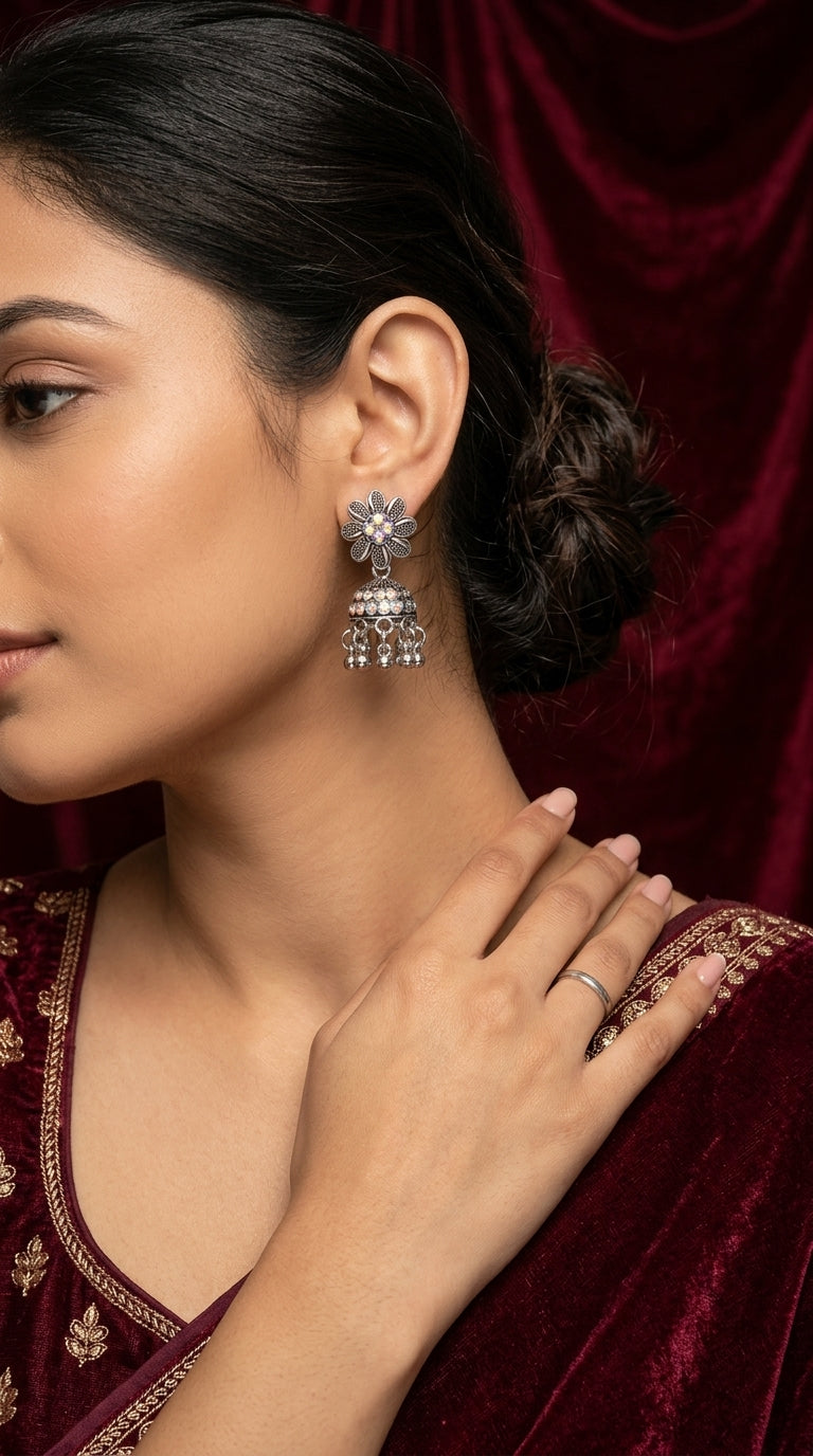 Virasat Floral Oxidized Jhumka Earrings